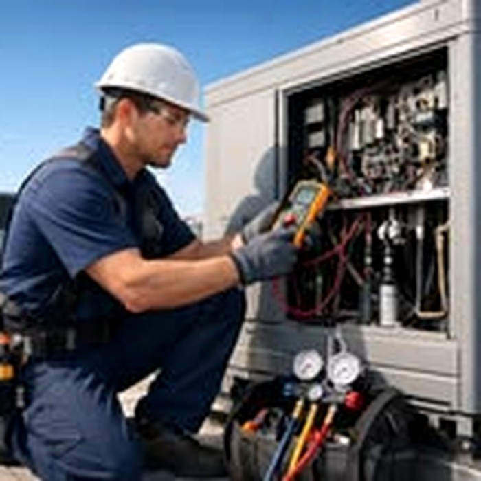 HVAC technician servicing a rooftop unit