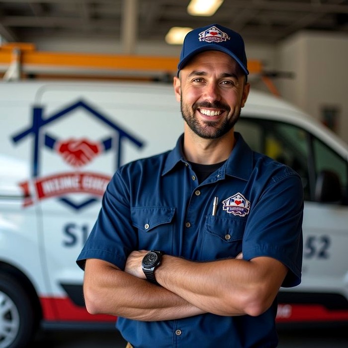 HVAC technician standing in front of a branded service van