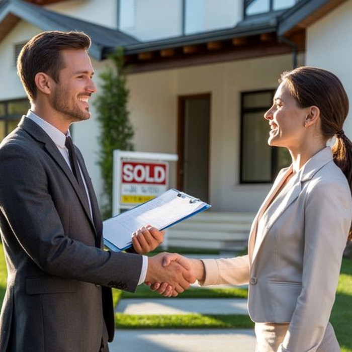Realtor shaking hands with a client in front of a sold home